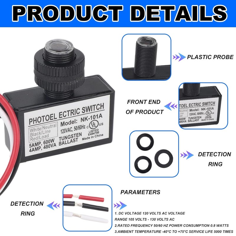 BTFO 8pcs 105V-130V AC Photocell Light Sensor, Dusk to Dawn Light Control Sensor with 16 Nuts and 8 Washers for Outdoor Lighting Street Lights - Image 3